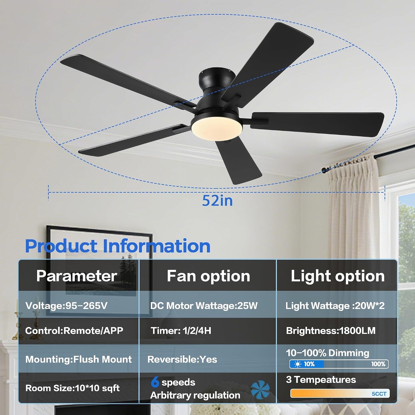 Ceiling Fans with Lights,52 Inch Low Profile Ceiling Fan with Light-Flush Mount Dimmable, Quiet DC Motor for Outdoor Patio,Garage,Bedroom Brown67-Black 52in 67-White 52in 67-Brown 52in 67-Nickel 52in