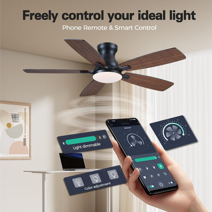 JSAITEE 46 Inch Low Profile Flush Mount Ceiling Fan with Lights, Black Brown WhiteJL-66-42-Brown JL-66-42-black JL-66-42-white