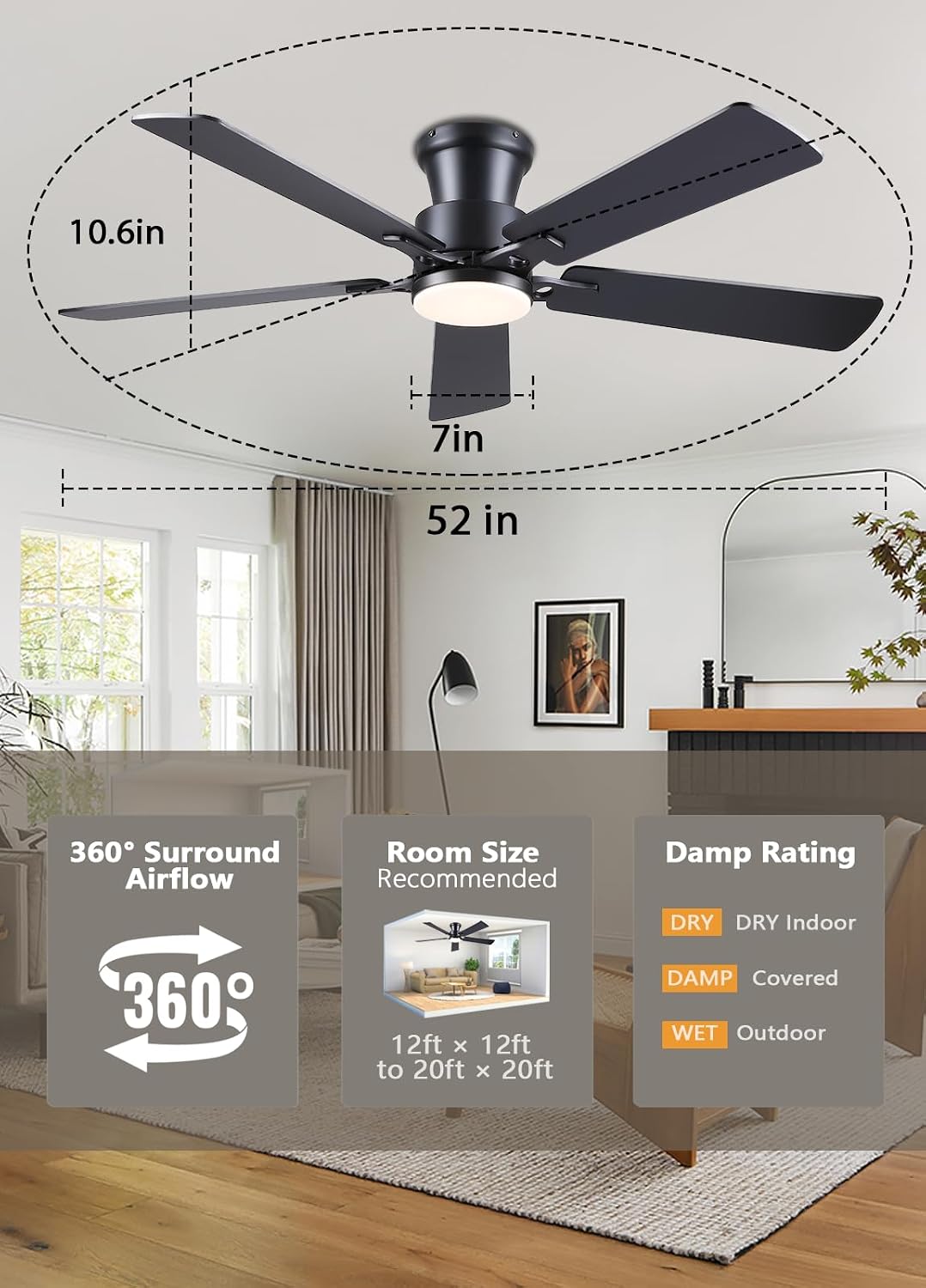 JSAITEE 52Inch Flush Mount Ceiling Fan with Lights Low Profile Brown