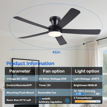 Ceiling Fans with Lights,46" Black Flush Mount Ceiling Fan Light with ABS Blades Reversible,3CCT Dimmable, Low Profile Fan Light for Indoor Modern Bedroom, Kitchen
