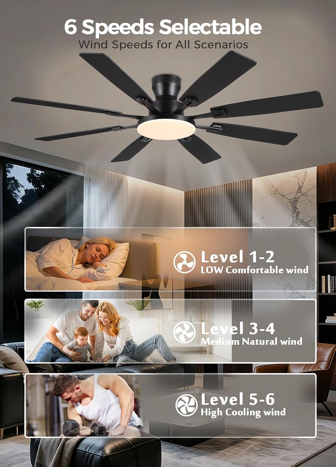 JSAITEE 60Inch Ceiling Fan with Lights Low Profile Flush Mount Brown RGB