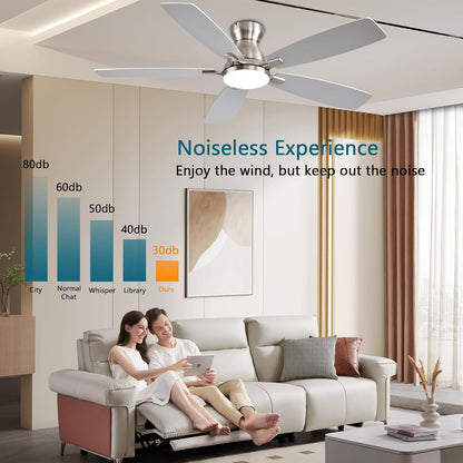 JSAITEE Ceiling Fans with Lights, 52 Inch Low Profile Ceiling Fan with Light and Remote Control, Flush Mount, DC Reversible Motor, Noiseless, White 6 Speeds Ceiling Fan for BedroomJL-66-Brown JL-66-nickle JL-66-white JL-66-black