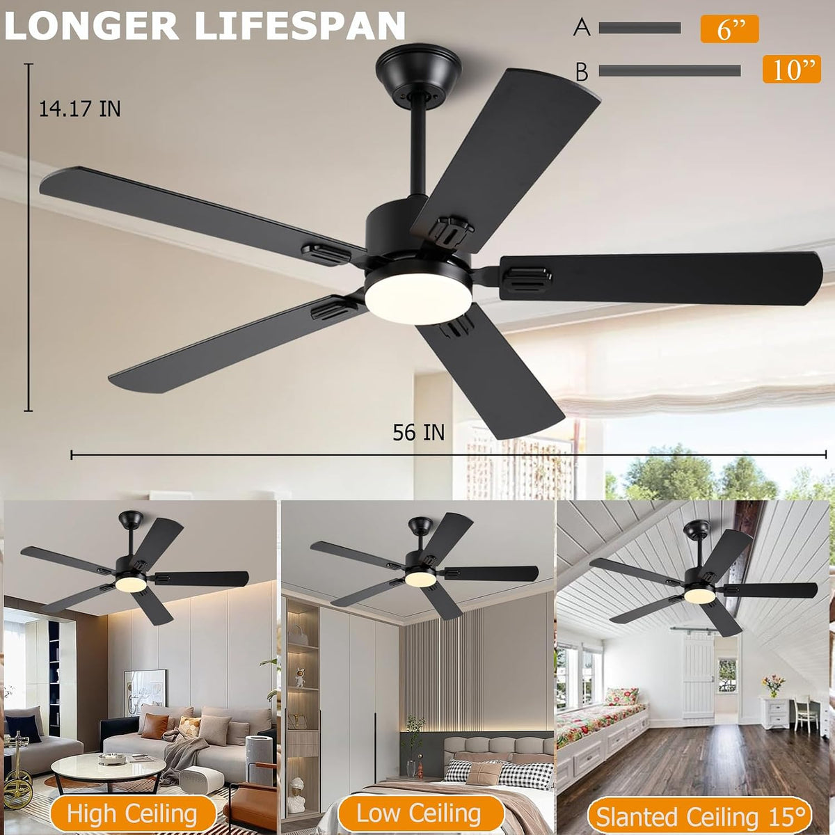 56inch Black Modern Ceiling Fans with Lights and Remote/App Control Reversible 6 Speeds DC Motor, Noiseless, Dimmable 3CCT LED, Memory Function, 5 Dual Finish Blades for Bedroom Living Room