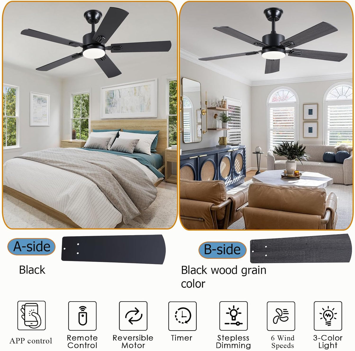 46inch Modern Ceiling Fans with Lights APP/Remote Control, Black Reversible 6 Speeds DC Motor, Noiseless, Dimmable 3CCT LED, Memory Function, 5 Dual Finish Blades for Bedroom Living Room