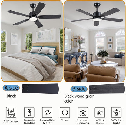 46inch Modern Ceiling Fans with Lights APP/Remote Control, Black Reversible 6 Speeds DC Motor, Noiseless, Dimmable 3CCT LED, Memory Function, 5 Dual Finish Blades for Bedroom Living Room