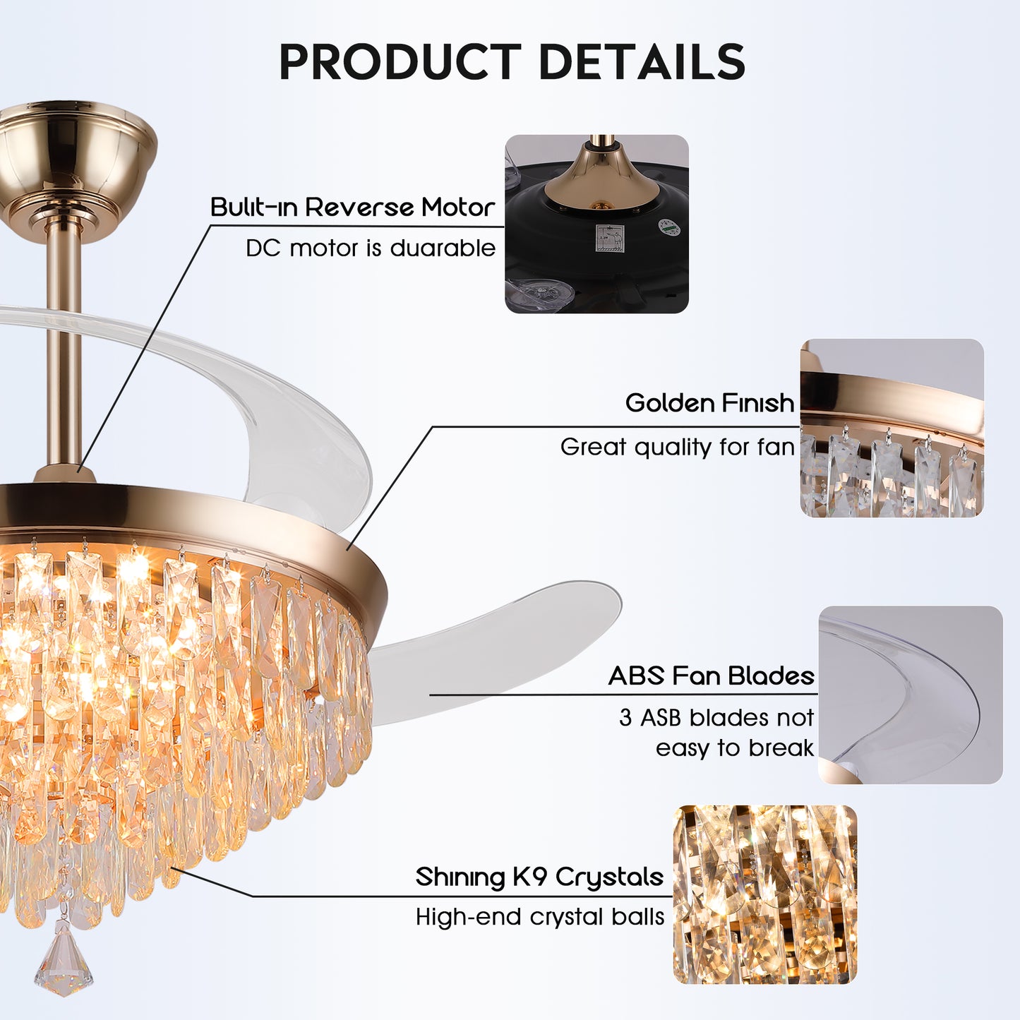 48" Chandelier Ceiling Fan with Lights, Crystal Retractable Fandelier with 3 Color LED Dimmable, Reversible DC Motor, Modern for Bedroom, Living Room5555-BLACK 5555-GOLD 5555-NICKEL