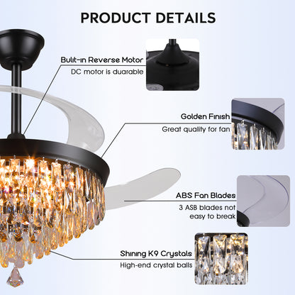 48" Chandelier Ceiling Fan with Lights, Crystal Retractable Fandelier with 3 Color LED Dimmable, Reversible DC Motor, Modern for Bedroom, Living Room (Black