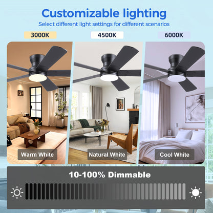 52inch Black Ceiling Fan with Light and Remote- Flush Mount Fan Light with 5 Reversible Blades, 3CCT Dimmable, DC, Low Profile Ceiling Fan for Indoor, Outdoor, Summer
