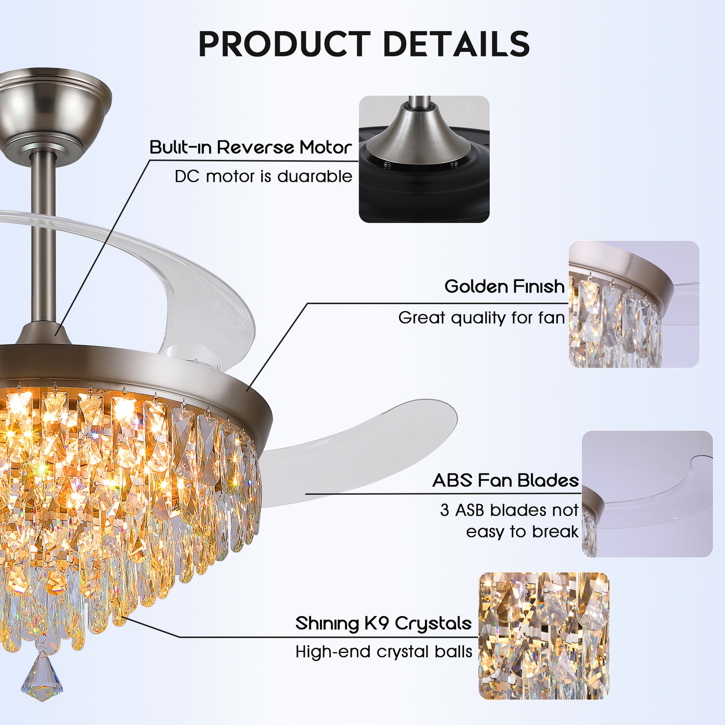 48" Chandelier Ceiling Fan with Lights, Crystal Retractable Fandelier with 3 Color LED Dimmable, Reversible DC Motor, Modern for Bedroom, Living Room (Black