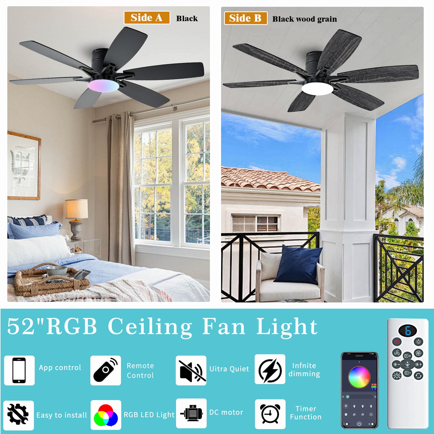 52inch  Ceiling Fans with Lights and Remote/App Control, Low Profile Ceiling Fan with Light and 6 Double-Side blades, Flush Mount, LED/RGB Dimmable DC Reversible Modern Ceiling Fan for Bedroom