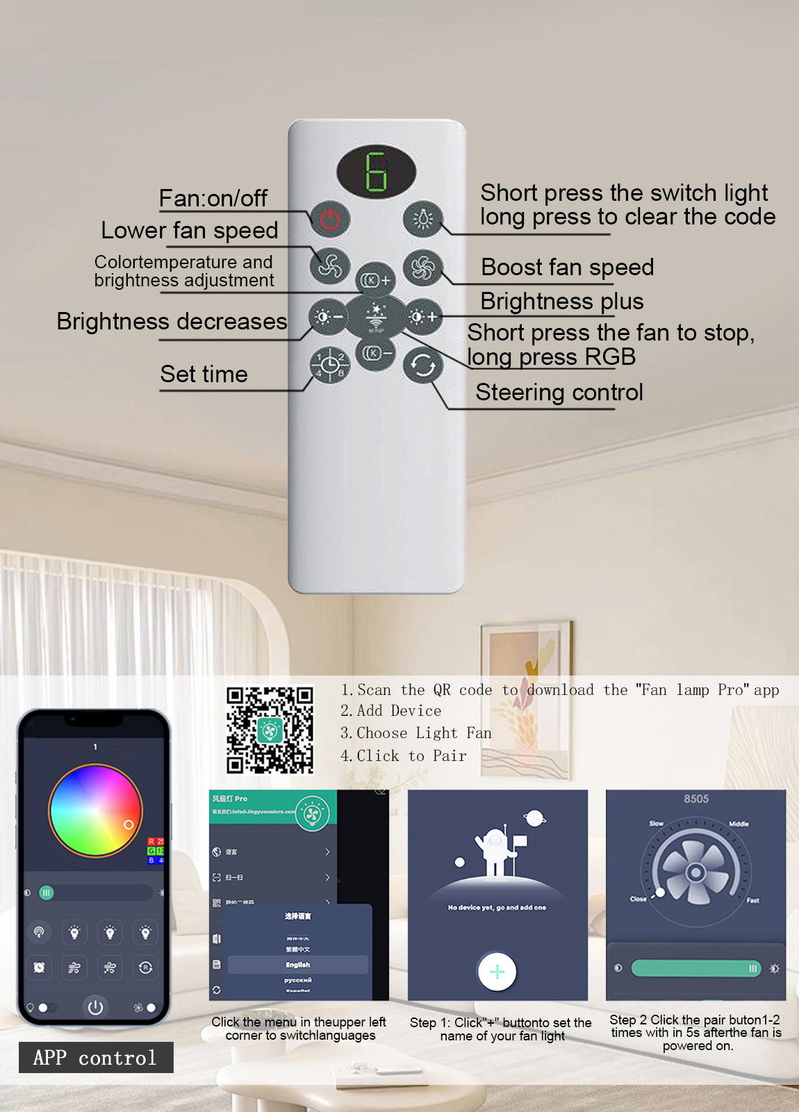 52 inch Ceiling Fan with Light, 6 Speeds Reversible Low Profile Ceiling Fan with Light and Remote/APP Control, 3 Color Temp+Dimmable RGB, 8 Blades, Flush Mount Quiet Ceiling Fans, Black