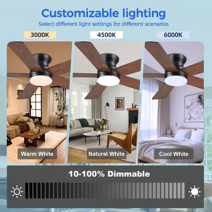Flush Mount Ceiling Fan with Light and Remote/APP - 48" Low Profile Ceiling Fan with 3CCT Dimmable, 5 Reversible Blades, Modern Indoor Fan Light Fixtures for Bedroom, Kitchen