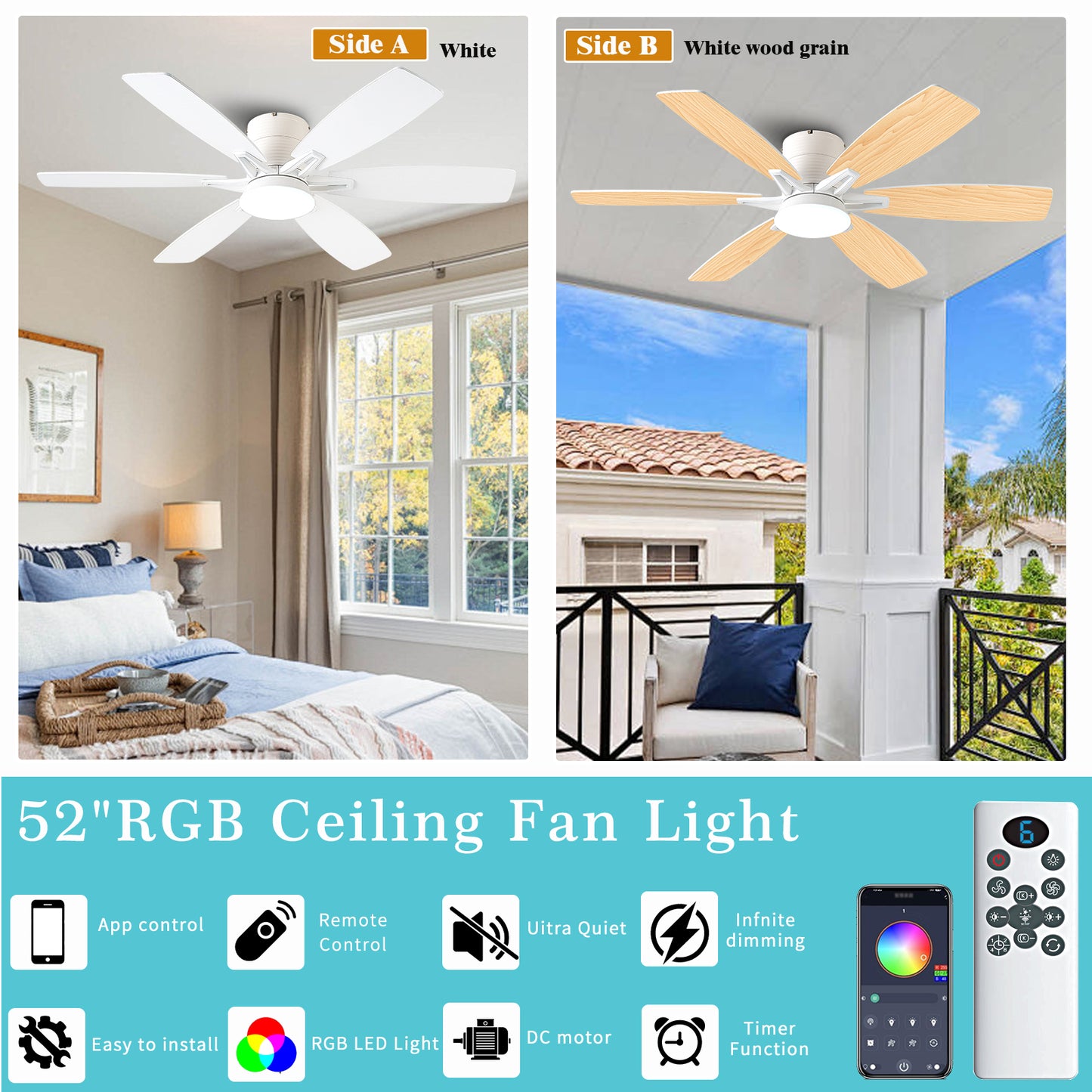 52inch  Ceiling Fans with Lights and Remote/App Control, Low Profile Ceiling Fan with Light and 6 Double-Side blades, Flush Mount, LED/RGB Dimmable DC Reversible Modern Ceiling Fan for Bedroom