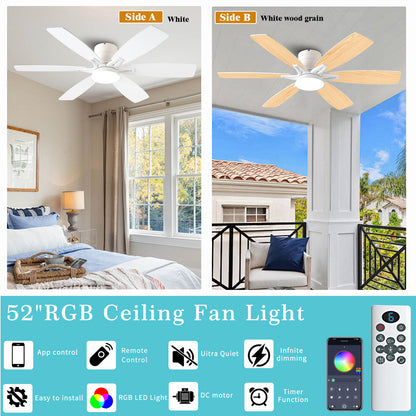 52inch  Ceiling Fans with Lights and Remote/App Control, Low Profile Ceiling Fan with Light and 6 Double-Side blades, Flush Mount, LED/RGB Dimmable DC Reversible Modern Ceiling Fan for Bedroom