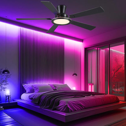 Ceiling Fans with Lights - 52in Flush Mount Ceiling Fan with RGB Dimmable, 3CCT 6 Wind Speeds and Reversible Quiet Motor, Low Profile RGB Fan Light for Modern Indoor, Party 8886-Black 8886-White 8886-Brown 8886-Nickel