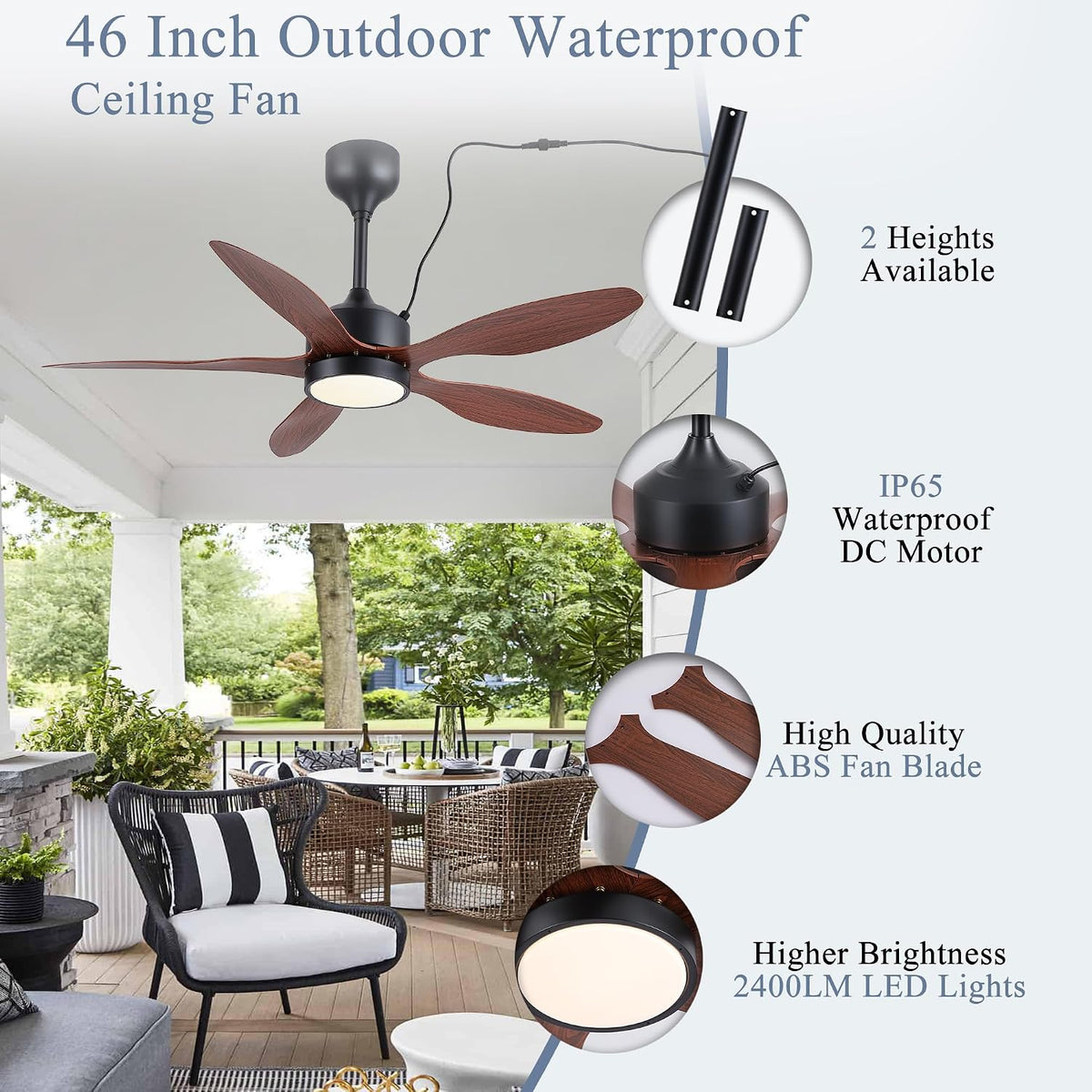 46 inch Waterproof Outdoor Ceiling Fan with Lights and Remote,IP65 Hanging Gazebo Fan with 3CCT 6-Speed DC Motor,Brown Wet Rated Plug in Ceiling Fan with Cord for Patios Porch Pergola LSP-36WP-Black LSP-36WP-White LSP-36WP-Brown