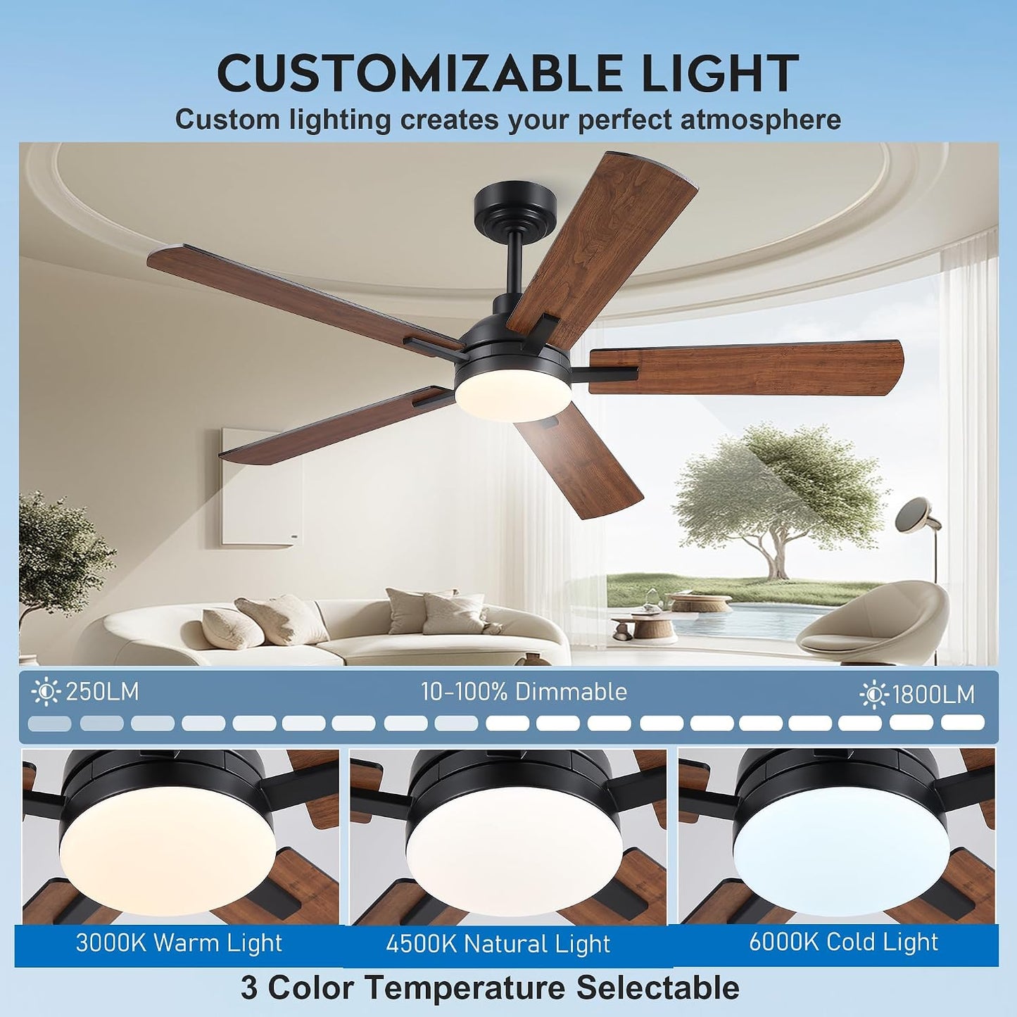 JSAITEE Ceiling Fans with Lights - 52Inch Low Profile Flush Mount Ceiling Fan with Light and Remote Control, DC Reversible Motor, Dimmable, 6 Speeds Ceiling Fan for Bedroom, Kitchen, JL-53-Black JL-53-White JL-053-Brwon JL-53-Nickel