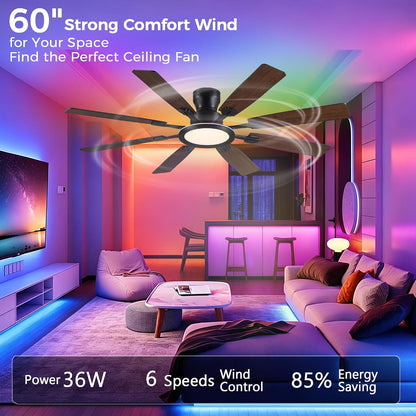 JSAITEE 60Inch Ceiling Fan with Lights Low Profile Flush Mount Brown RGB