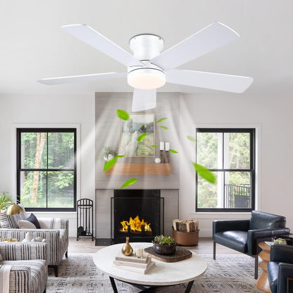 48In Ceiling Fan with Light Flush Mount - White Low Profile Ceiling Fan Light with Remote/APP, 5 Reversible Dual-Sided Blades, Modern Fan Light for Indoor Bedroom, Covered Outdoor