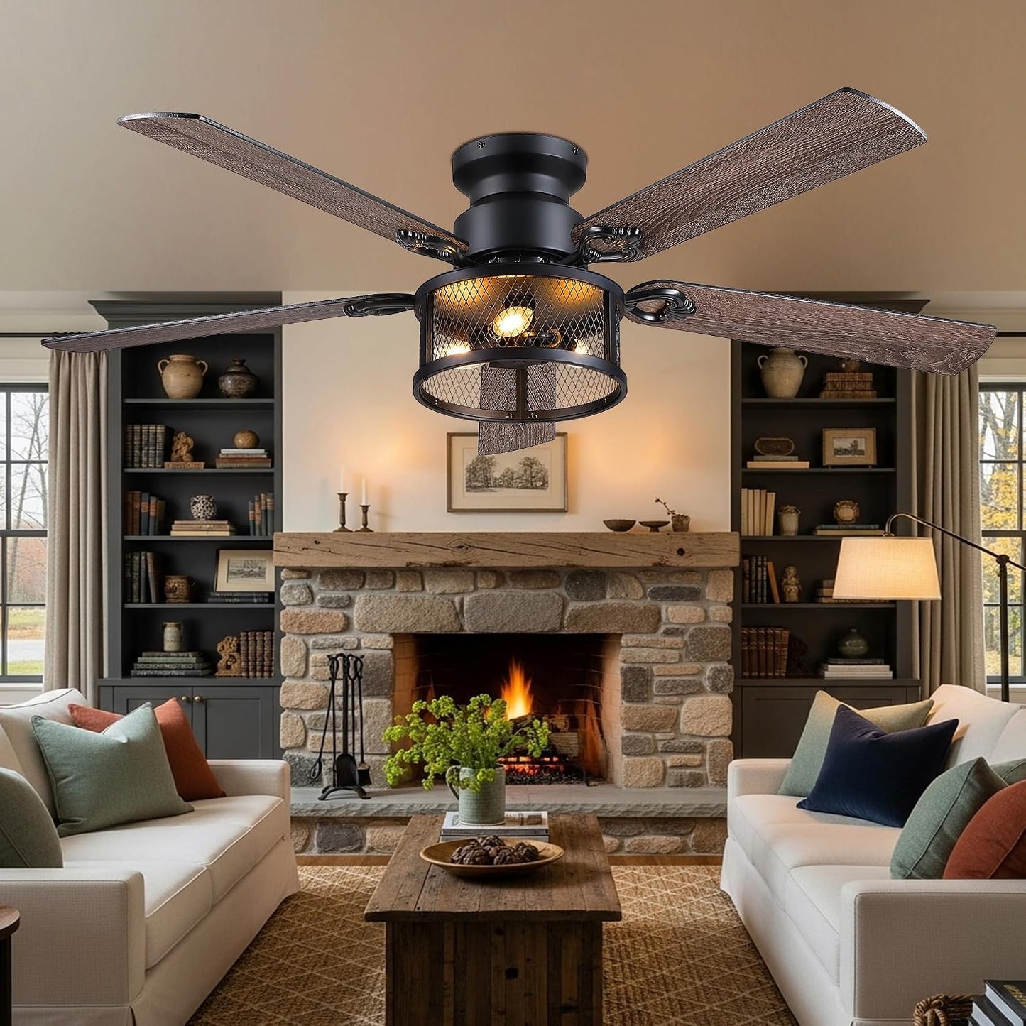 JSAITEE 52" Farmhouse Flush Mount Ceiling Fans with Lights, No Bulbs