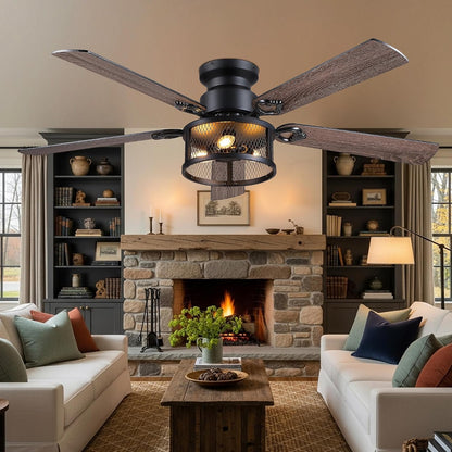 JSAITEE 52" Farmhouse Flush Mount Ceiling Fans with Lights, No Bulbs