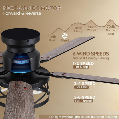 JSAITEE 52" Farmhouse Flush Mount Ceiling Fans with Lights, No Bulbs