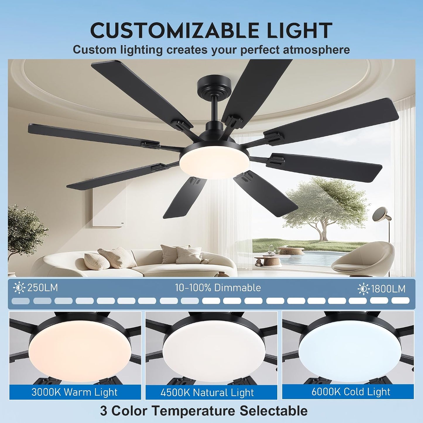 60" Ceiling Fan with Light - Modern White Low Profile Ceilings Fans Light Low Profile Fan with 8 Blades,6 Wind Speeds Reversible,Dimmable,Modern Light for Indoor Living Room,Kitchen,Coverd PatiosJL-153-Black-60In JL-153-White-60In JL-153-Brown-60In