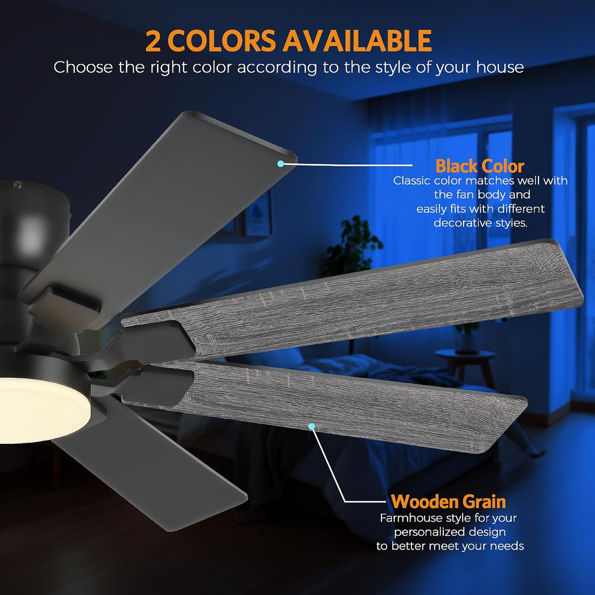 JSAITEE 52 inch Ceiling Fan with Light, 6 Speeds Reversible Low Profile Ceiling Fan with Light and Remote/APP Control, 3 Color Temp+Dimmable RGB, 8 Blades, Flush Mount Quiet Ceiling Fans, Black JL99-Black