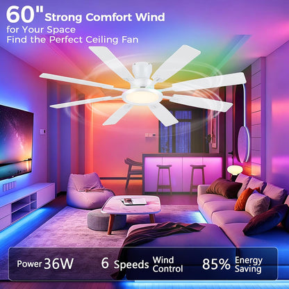 JSAITEE 60Inch Ceiling Fan with Lights Low Profile Flush Mount Brown RGB