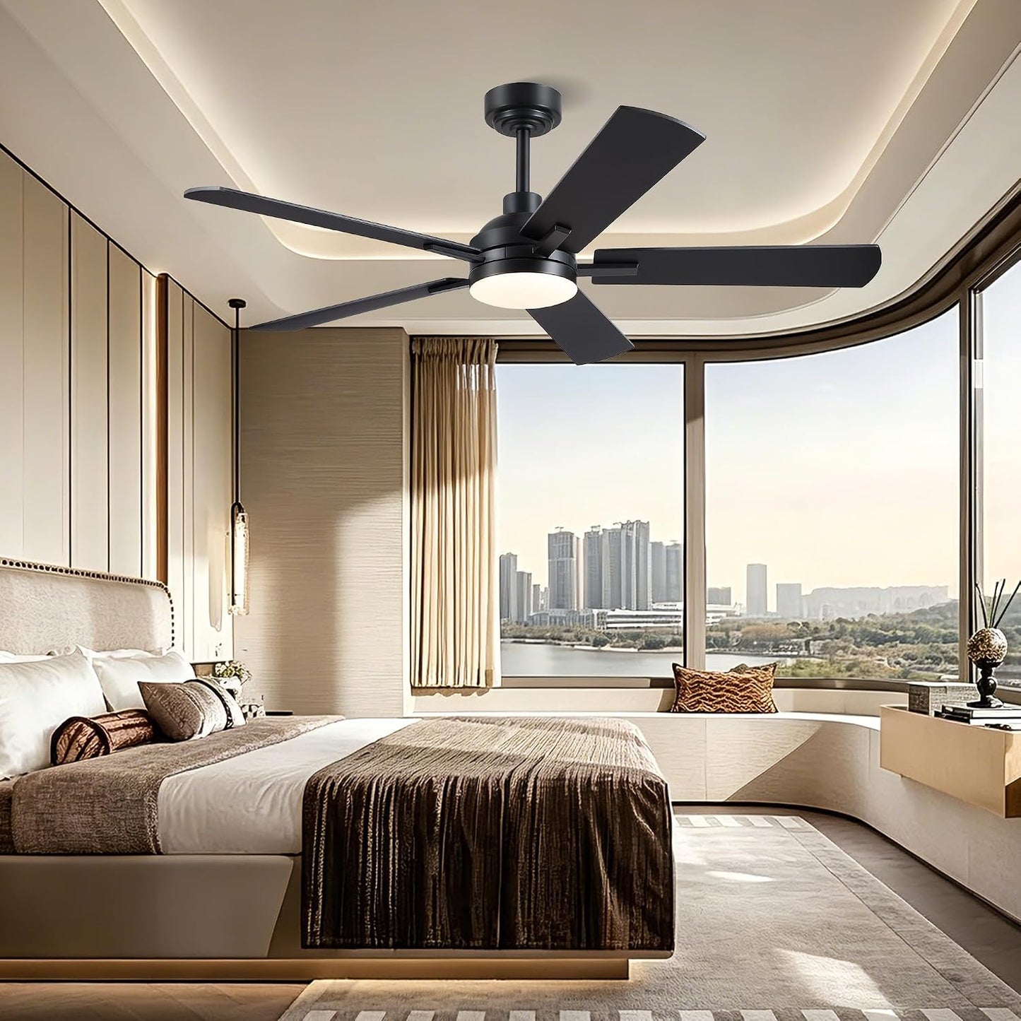 JSAITEE Ceiling Fans with Lights - 52Inch Low Profile Flush Mount Ceiling Fan with Light and Remote Control, DC Reversible Motor, Dimmable, 6 Speeds Ceiling Fan for Bedroom, Kitchen, JL-53-Black JL-53-White JL-053-Brwon JL-53-Nickel