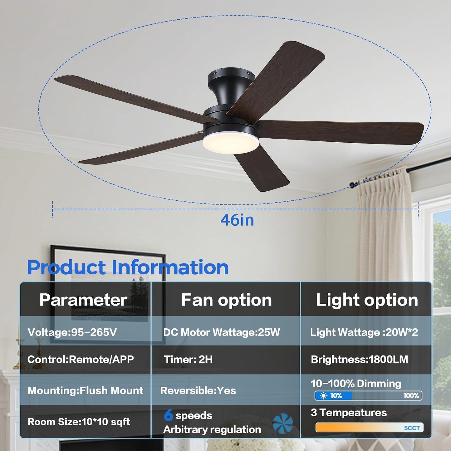 Ceiling Fans with Lights,46" Black Flush Mount Ceiling Fan Light with ABS Blades Reversible,3CCT Dimmable, Low Profile Fan Light for Indoor Modern Bedroom, Kitchen