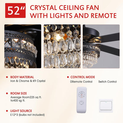Crystal Ceiling Fan Fandelier with Lights - Retro Outdoor Fans (52" ) 5888 5888-Silver 52 5888-Gold 52