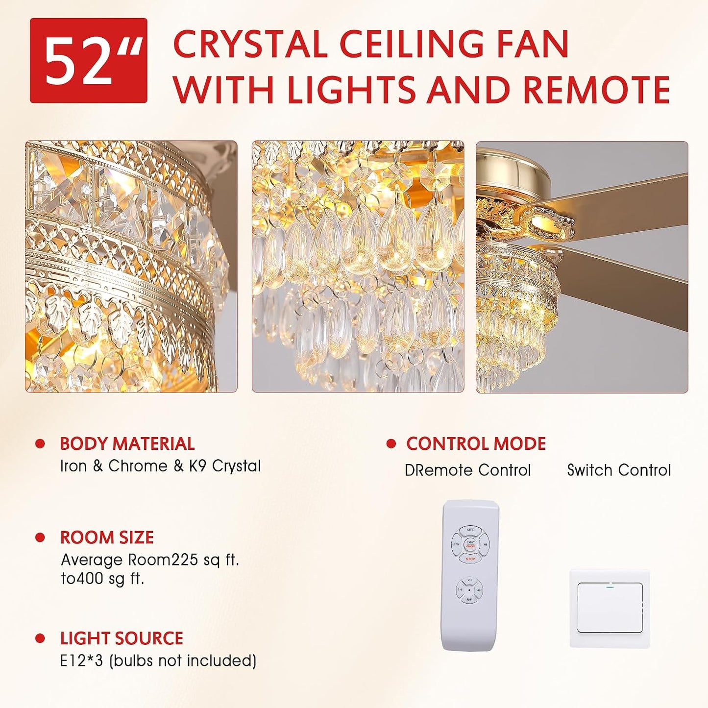 Crystal Ceiling Fan Fandelier with Lights - Retro Outdoor Fans (52" ) 5888 5888-Silver 52 5888-Gold 52