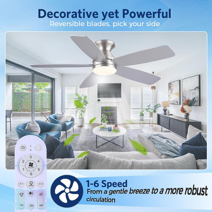 SAITEE 48" Ceiling Fans with Lights Low Profile - Flush Mount Ceiling Fan with Light and Remote, 6 Wind Speeds Reversible, Quiet, 3CCT Dimmable, Fan Light for Modern Indoor, Bedroom, Kitchen,JL68-48-Black JL068-48-white JL68-48-Brwon JL68-48-Nickle