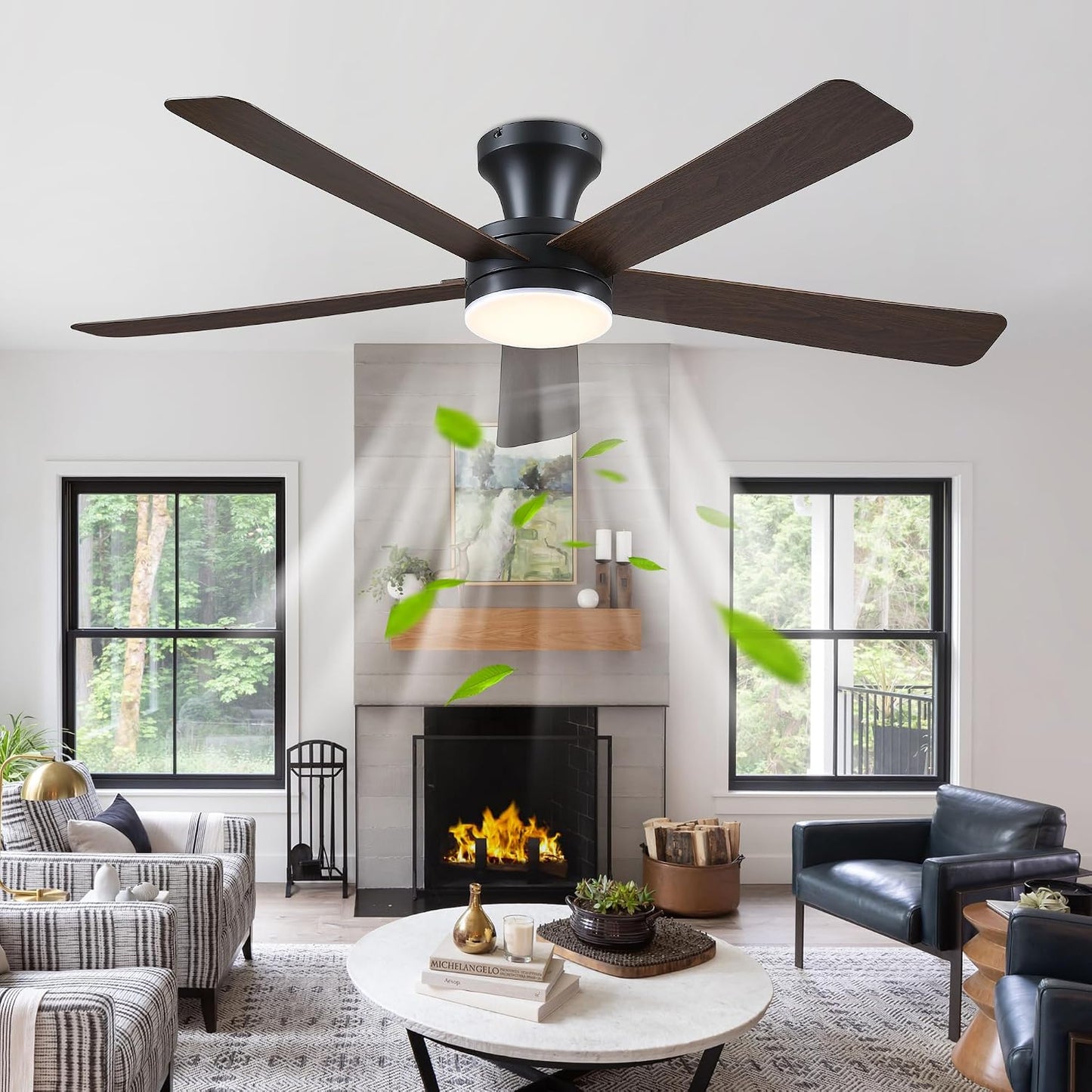 Ceiling Fans with Lights,46" Black Flush Mount Ceiling Fan Light with ABS Blades Reversible,3CCT Dimmable, Low Profile Fan Light for Indoor Modern Bedroom, Kitchen