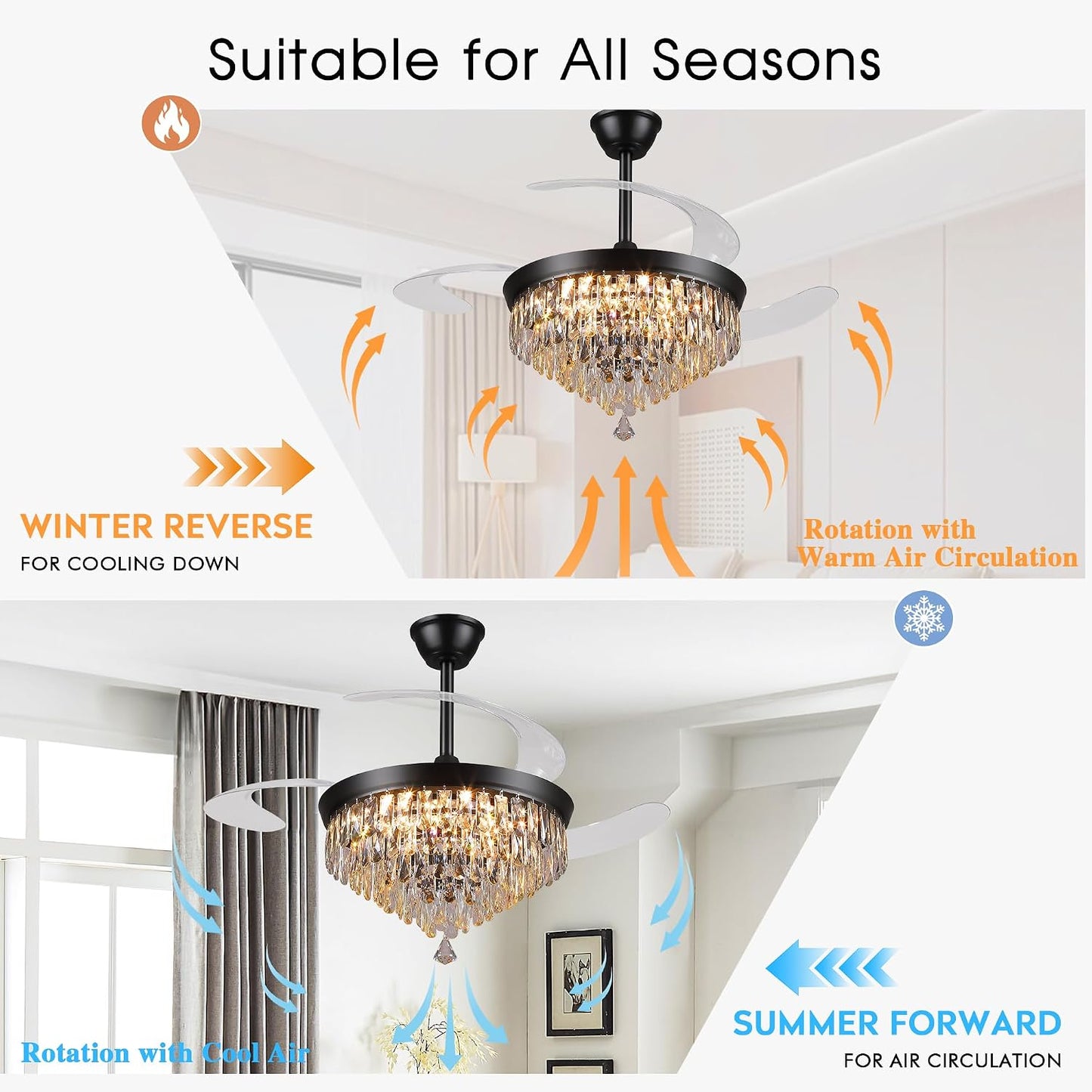 48" Chandelier Ceiling Fan with Lights, Crystal Retractable Fandelier with 3 Color LED Dimmable, Reversible DC Motor, Modern for Bedroom, Living Room5555-BLACK 5555-GOLD 5555-NICKEL