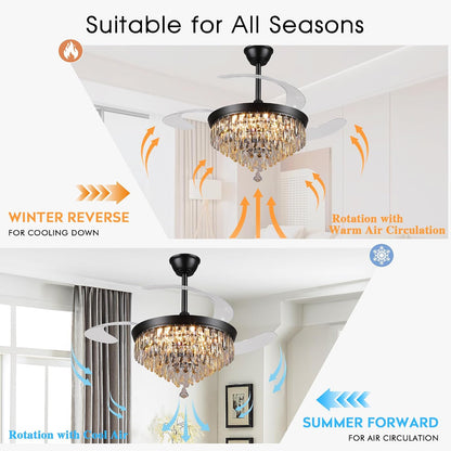 48" Chandelier Ceiling Fan with Lights, Crystal Retractable Fandelier with 3 Color LED Dimmable, Reversible DC Motor, Modern for Bedroom, Living Room5555-BLACK 5555-GOLD 5555-NICKEL