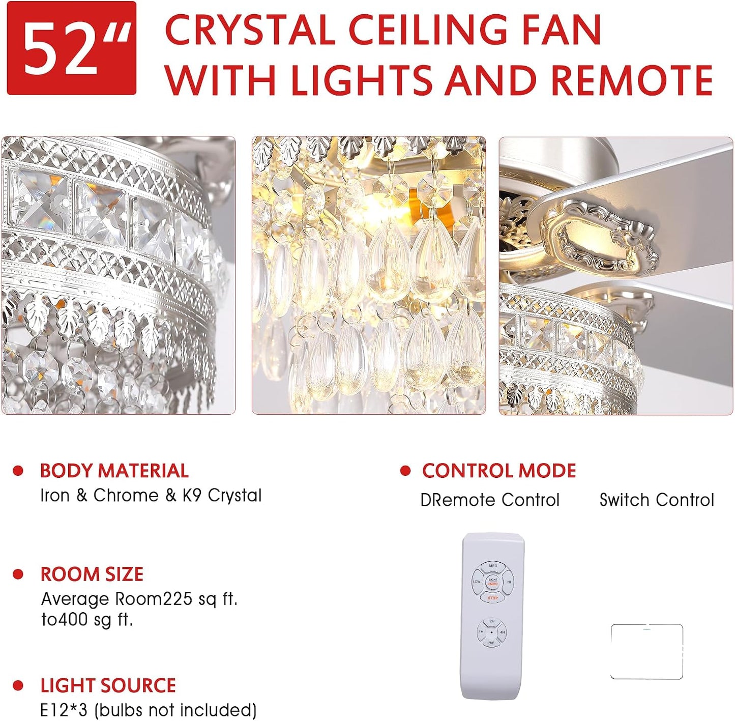 Crystal Ceiling Fan Fandelier with Lights - Retro Outdoor Fans (52" ) 5888 5888-Silver 52 5888-Gold 52
