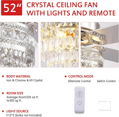 Crystal Ceiling Fan Fandelier with Lights - Retro Outdoor Fans (52" ) 5888 5888-Silver 52 5888-Gold 52