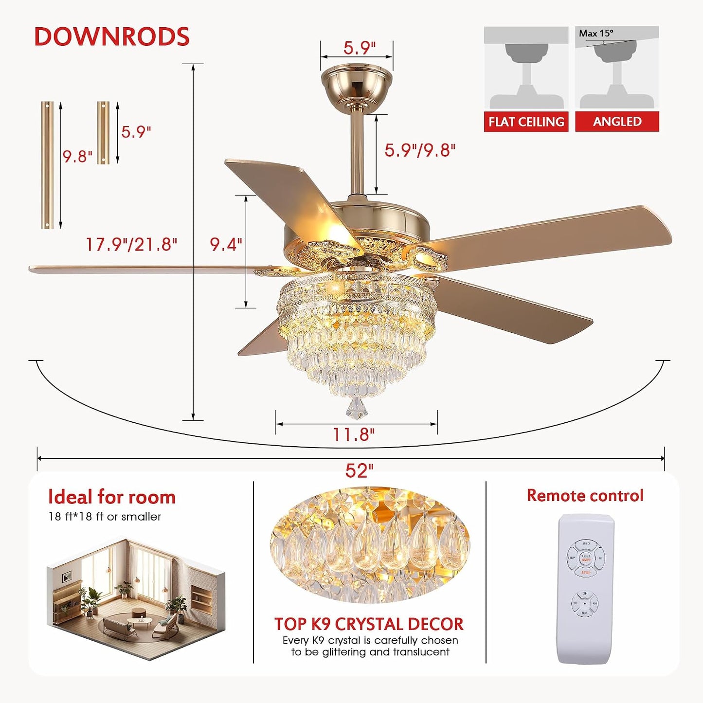 Crystal Ceiling Fan Fandelier with Lights - Retro Outdoor Fans (52" ) 5888 5888-Silver 52 5888-Gold 52
