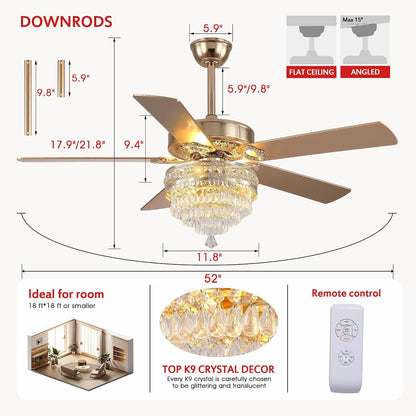 Crystal Ceiling Fan Fandelier with Lights - Retro Outdoor Fans (52" ) 5888 5888-Silver 52 5888-Gold 52