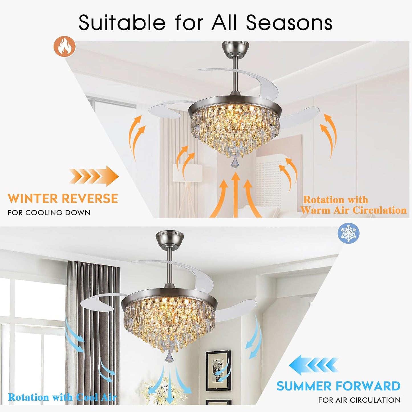 48" Chandelier Ceiling Fan with Lights, Crystal Retractable Fandelier with 3 Color LED Dimmable, Reversible DC Motor, Modern for Bedroom, Living Room5555-BLACK 5555-GOLD 5555-NICKEL