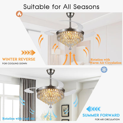 48" Chandelier Ceiling Fan with Lights, Crystal Retractable Fandelier with 3 Color LED Dimmable, Reversible DC Motor, Modern for Bedroom, Living Room5555-BLACK 5555-GOLD 5555-NICKEL