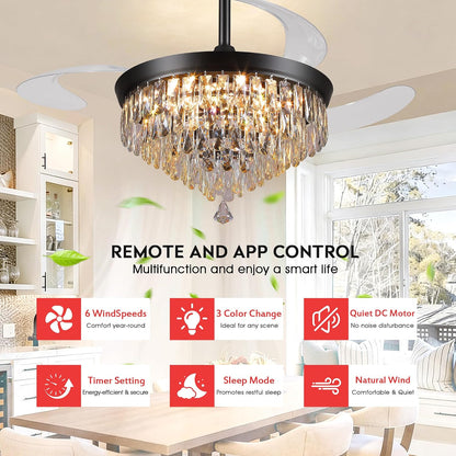 48" Chandelier Ceiling Fan with Lights, Crystal Retractable Fandelier with 3 Color LED Dimmable, Reversible DC Motor, Modern for Bedroom, Living Room5555-BLACK 5555-GOLD 5555-NICKEL