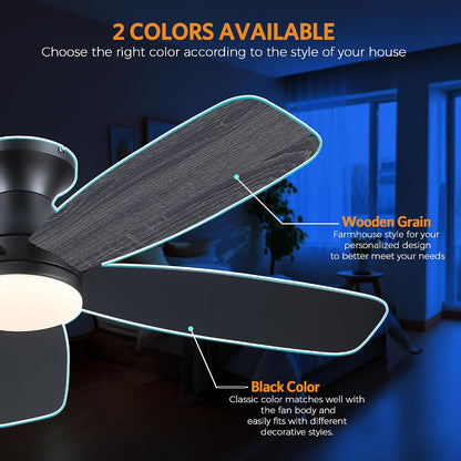 SAITEE 48" Ceiling Fans with Lights Low Profile - Flush Mount Ceiling Fan with Light and Remote, 6 Wind Speeds Reversible, Quiet, 3CCT Dimmable, Fan Light for Modern Indoor, Bedroom, Kitchen,JL68-48-Black JL068-48-white JL68-48-Brwon JL68-48-Nickle