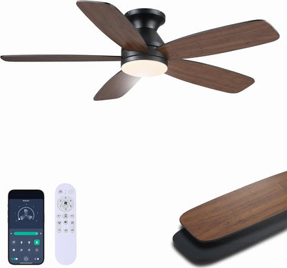 SAITEE 48" Ceiling Fans with Lights Low Profile - Flush Mount Ceiling Fan with Light and Remote, 6 Wind Speeds Reversible, Quiet, 3CCT Dimmable, Fan Light for Modern Indoor, Bedroom, Kitchen,JL68-48-Black JL068-48-white JL68-48-Brwon JL68-48-Nickle