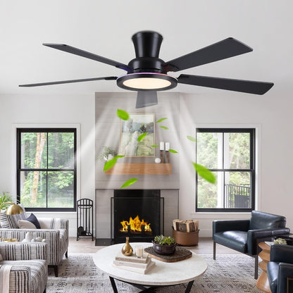 Ceiling Fans with Lights - 52in Flush Mount Ceiling Fan with RGB Dimmable, 3CCT 6 Wind Speeds and Reversible Quiet Motor, Low Profile RGB Fan Light for Modern Indoor, Party 8886-Black 8886-White 8886-Brown 8886-Nickel