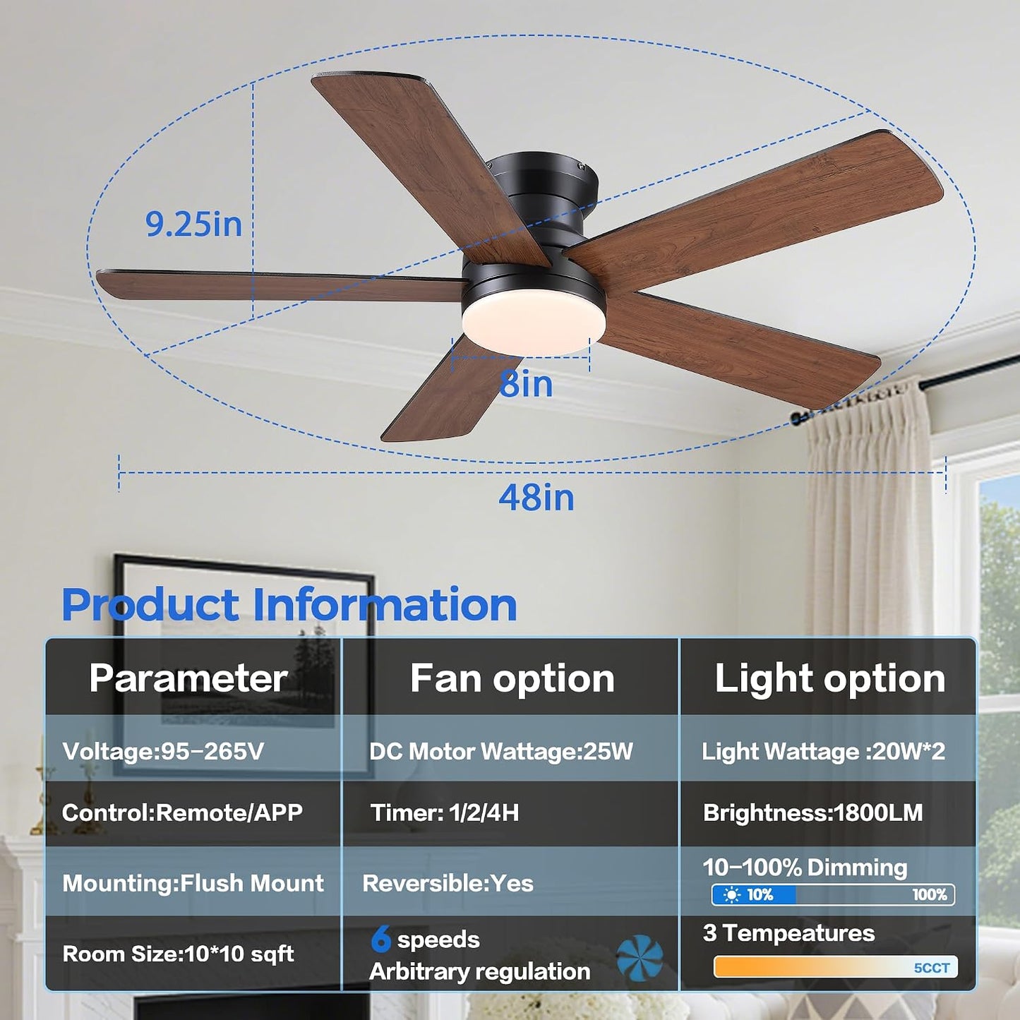 48In Ceiling Fan with Light Flush Mount - White Low Profile Ceiling Fan Light with Remote/APP, 5 Reversible Dual-Sided Blades, Modern Fan Light for Indoor Bedroom, Covered Outdoor