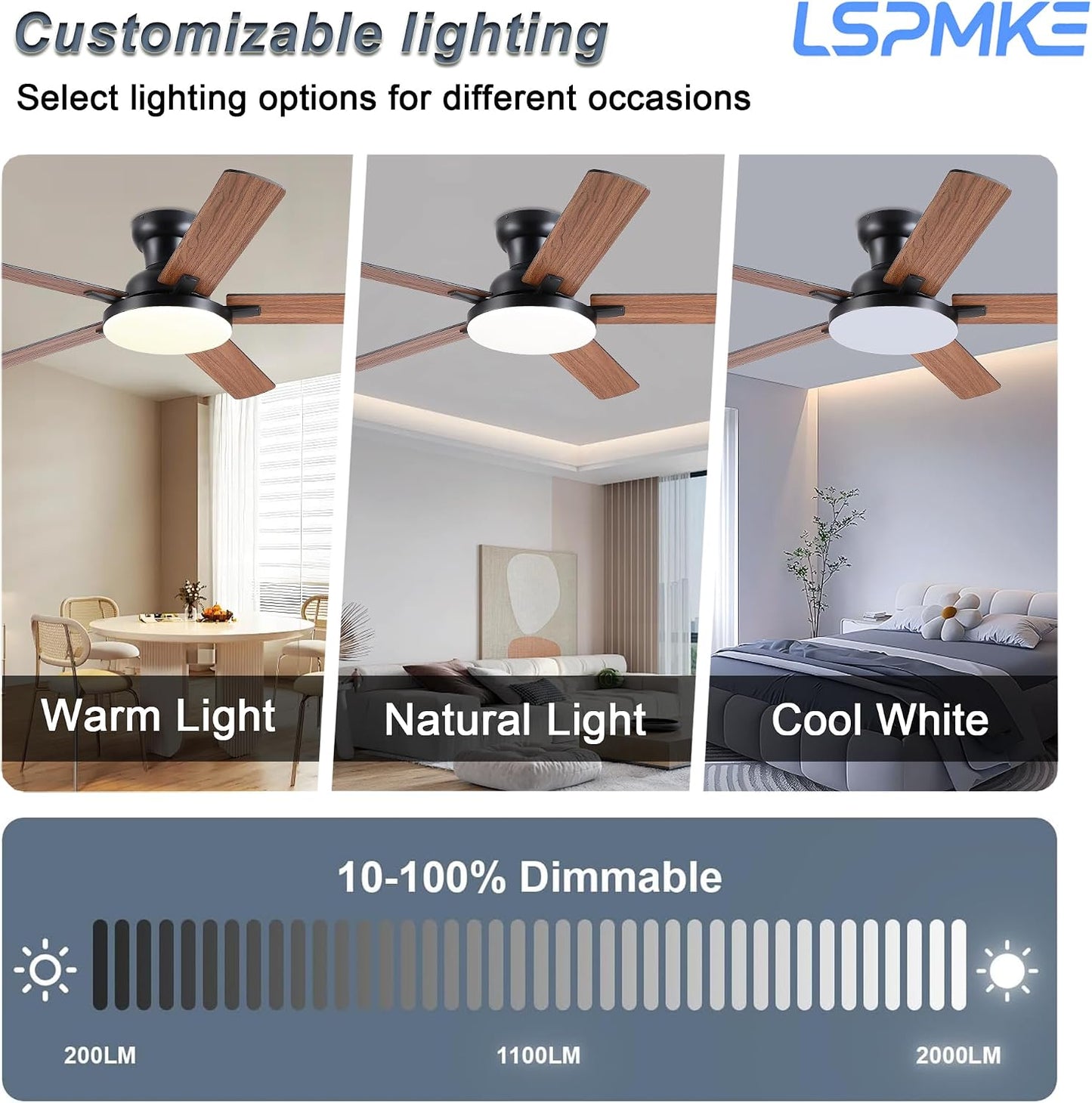 52" Ceiling Fan with Light, Remote Control, 3CCT Dimmable Noiseless DC Motor, Modern Indoor Lighting Fixture for Bedroom, Kitchen LSP-266-Black LSP-266-White LSP-266-Brown LSP-266-Nickel