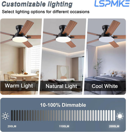 52" Ceiling Fan with Light, Remote Control, 3CCT Dimmable Noiseless DC Motor, Modern Indoor Lighting Fixture for Bedroom, Kitchen LSP-266-Black LSP-266-White LSP-266-Brown LSP-266-Nickel